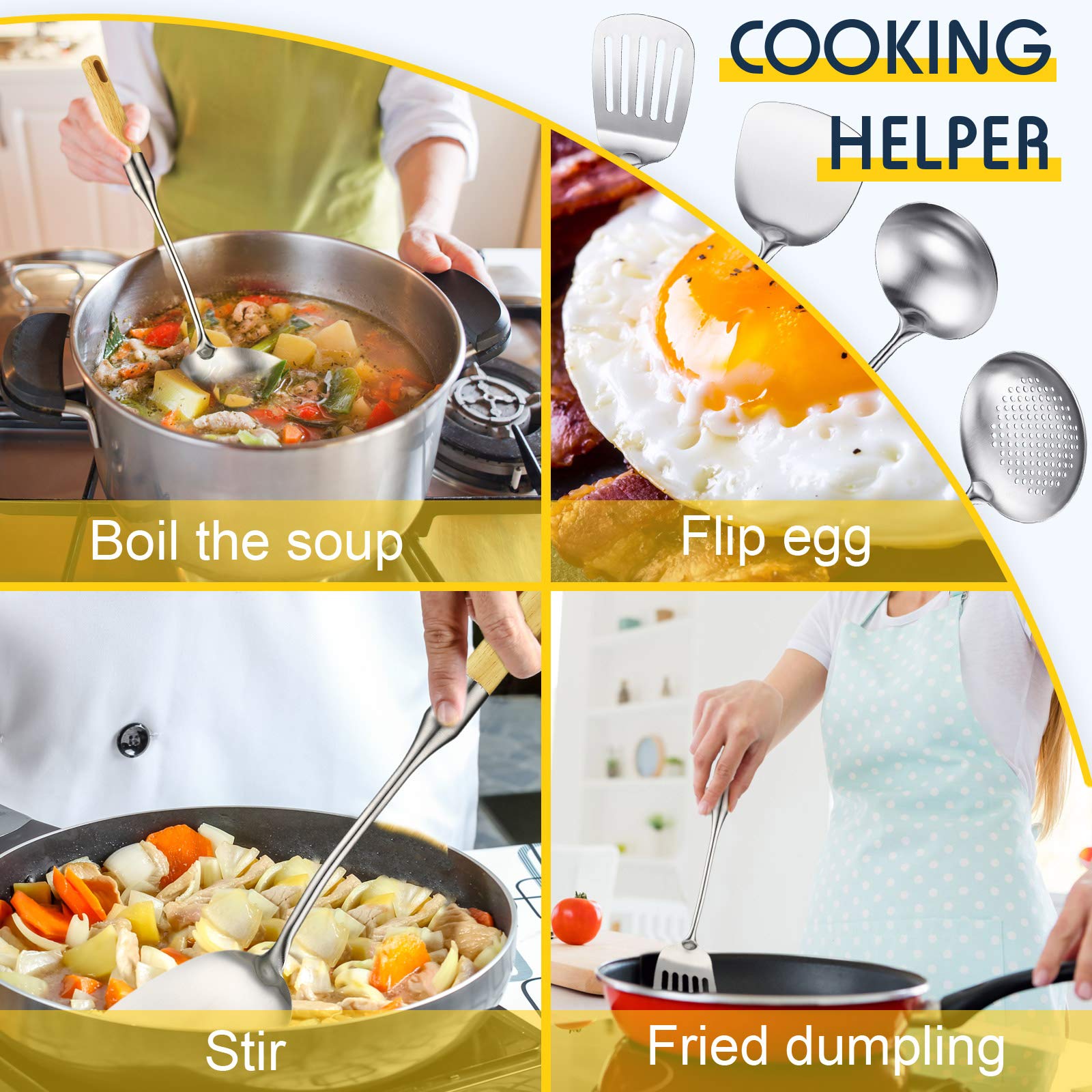 Premium Stainless Steel Chinese Wok Utensil Set - 5-Piece Nonstick Cookware Tools with Skimmer, Slotted Spoon, Spatula Turner, Wok Spatula & Soup Ladle - Ideal for Stir-Frying, Deep Frying & Asian Cooking