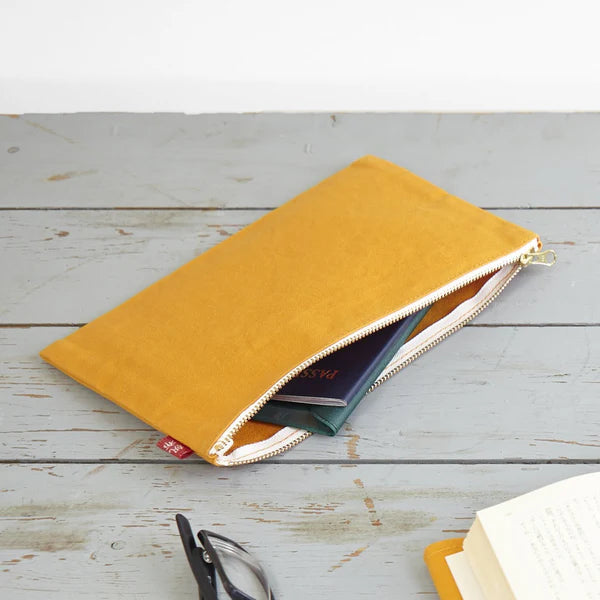 Kurashiki Hampu Canvas Flat Pouch L Size - Premium Japanese Ecru Canvas Bag for Stationery, Makeup & Travel Accessories