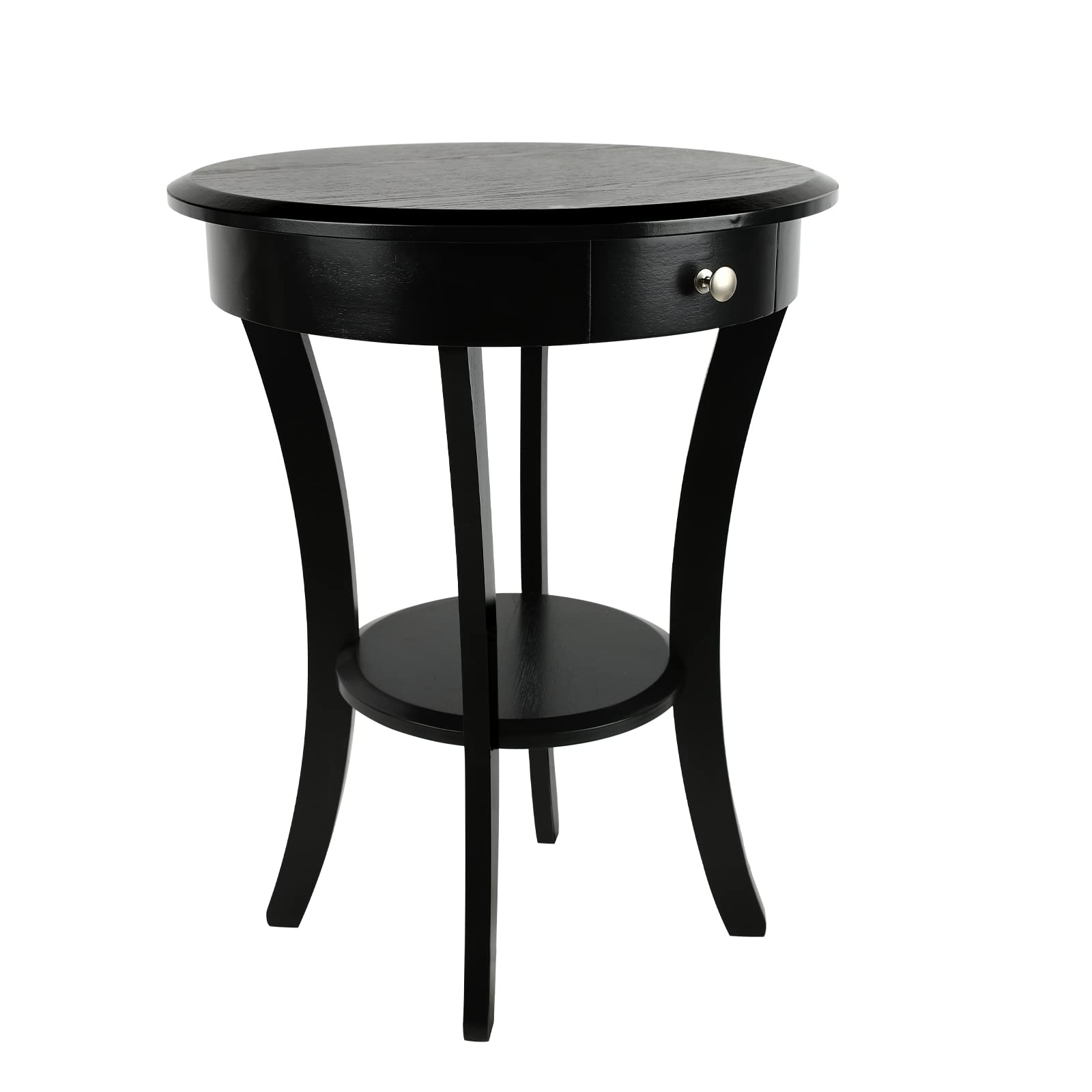 ECOMEX Round End Table with Drawer and Shelf - Solid Wood Side Table in Retro Country Classic Style - Perfect as Living Room Accent Table, Record Player Stand & Bedside Nightstand (Black)
