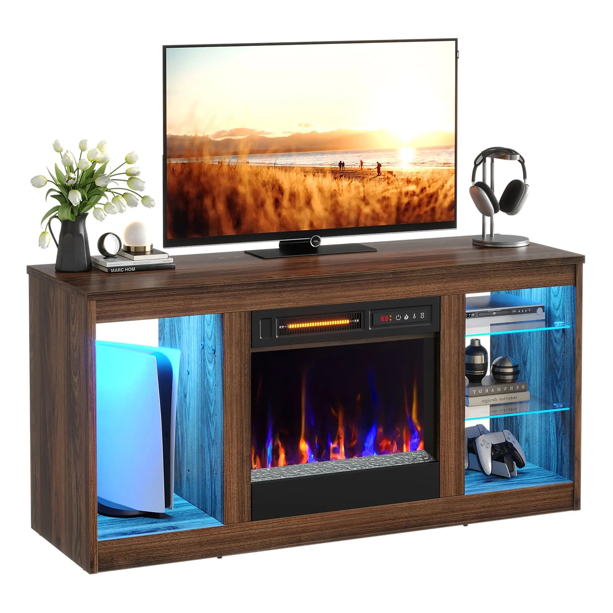Bestier 48 Inch Electric Fireplace TV Stand with Glass Shelves - Modern Entertainment Center for Living Room, Bedroom & Office - Perfect for Home Decor & Space Saving