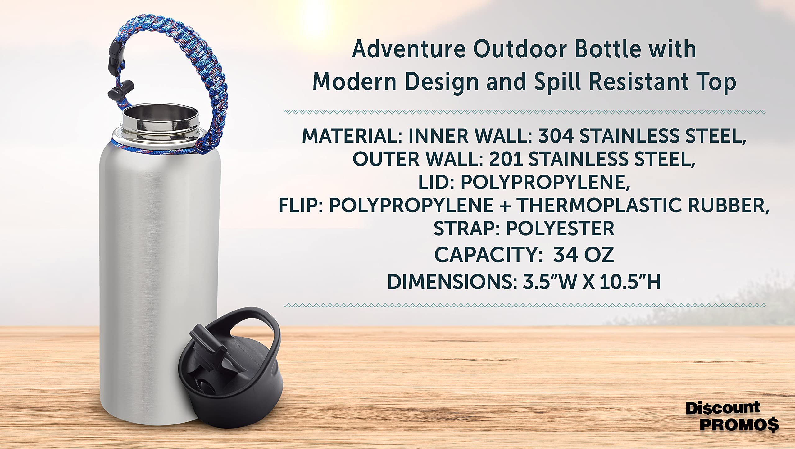 6 Pack Vulcan Stainless Steel Water Bottles 34oz - Double Wall Vacuum Insulated Silver Water Bottle with Strap - Leakproof & Sweatproof for Gym, Hiking, Camping, Office & Outdoor Activities