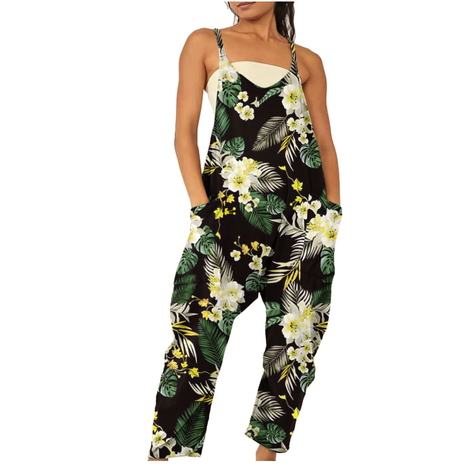 Women's Casual Jumpsuits 2024 - Summer Boho Sleeveless Romper with Graphic Print & Pockets | Wide Leg Lounge Overalls for Beach, Vacation & Everyday Wear