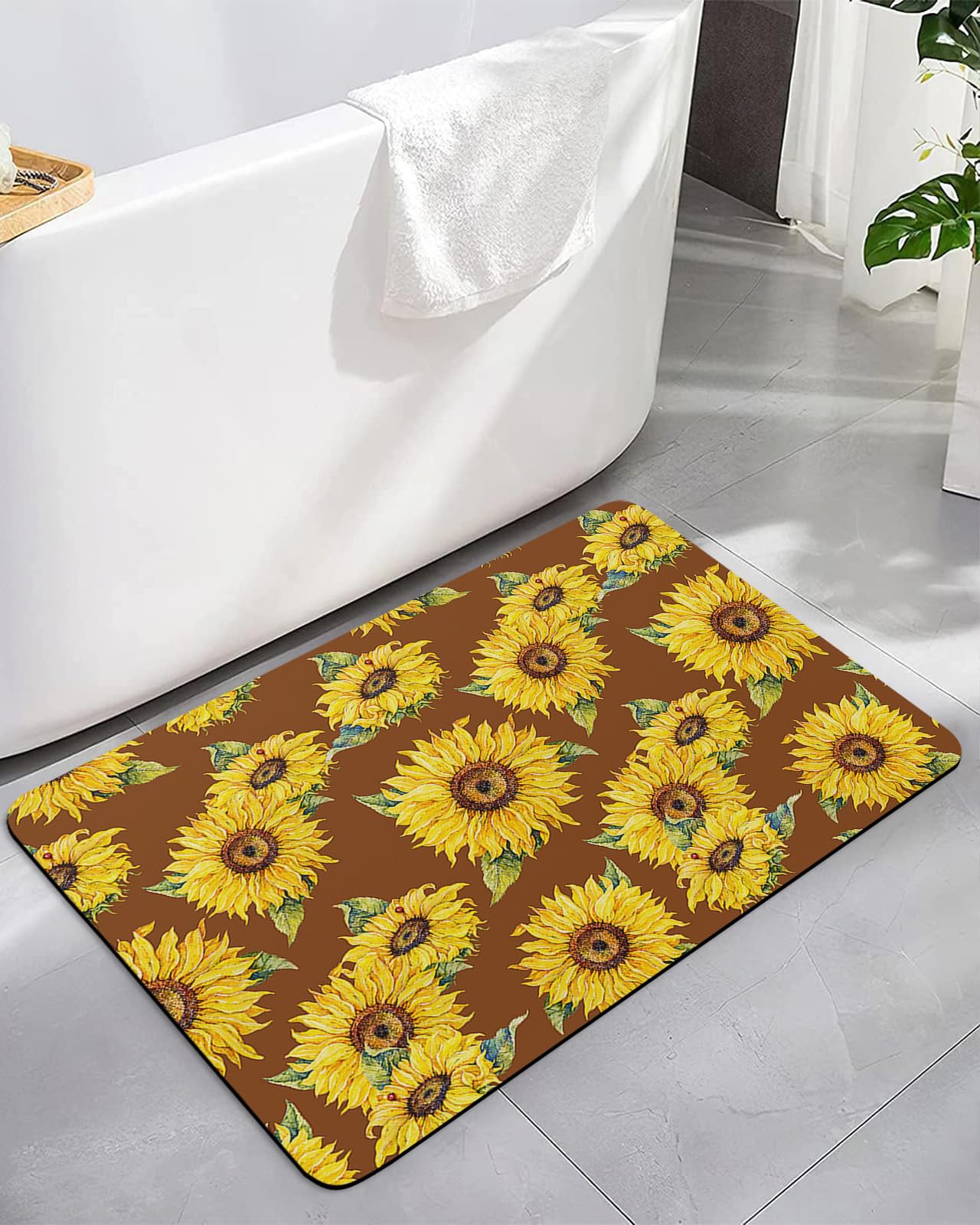 KITHOME Non-Slip Diatomaceous Earth Bath Mat - Vintage Floral Sunflower Design, 16x24 Inch, Super Absorbent & Washable for Bathroom, Shower & Tub - Perfect Farmhouse Decor & Safety Mat for Wet Floors