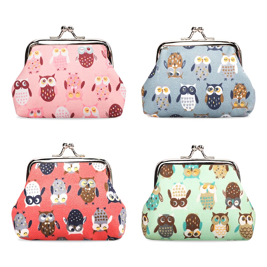 Oyachic 4Pcs Cute Owl Coin Purse Set - Small Leather Change Wallet with Clasp for Women & Girls - Perfect for Loose Change, Gift Giving & Everyday Use