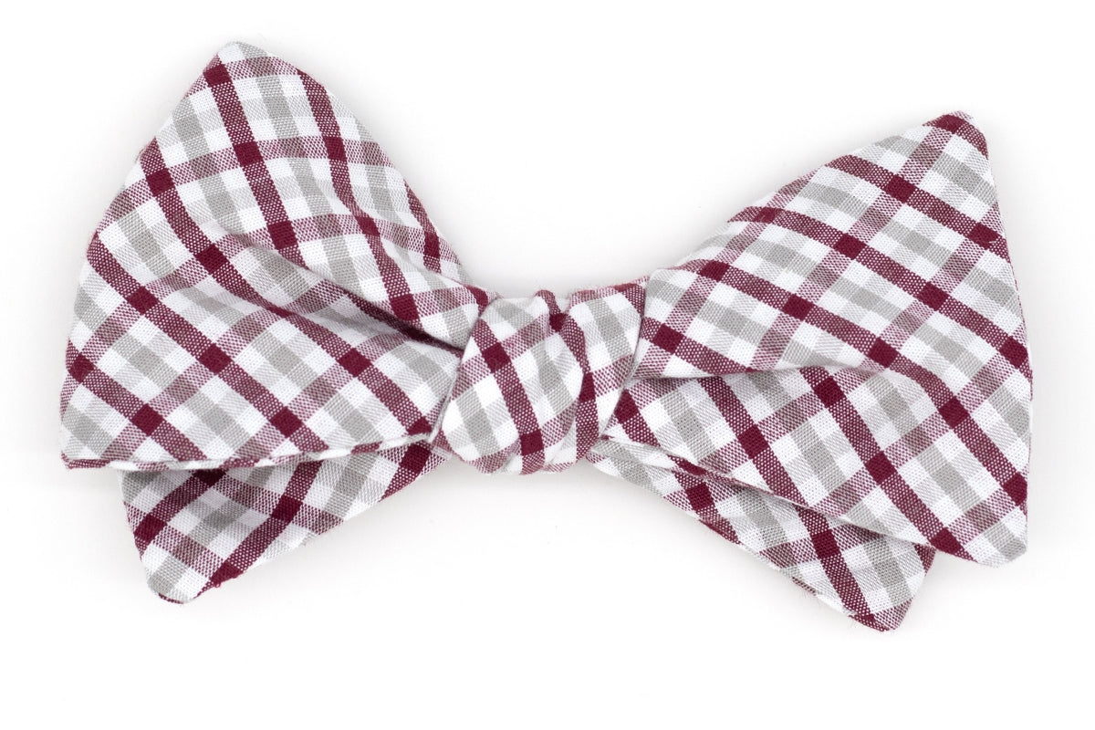 Elegant Gray and Maroon Tattersall Bow Tie for Men - Classic Checkered Pattern Formal Neckwear for Weddings, Prom & Business Events