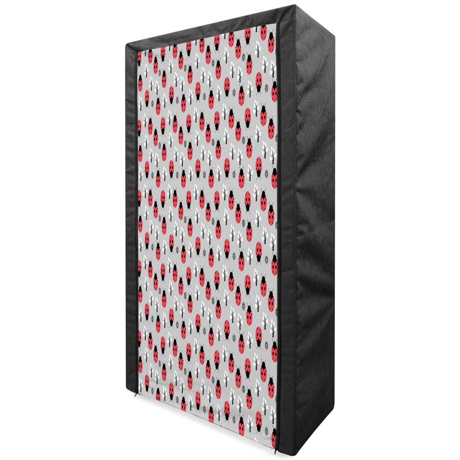 Ambesonne Ladybugs Portable Fabric Wardrobe - Nature Inspired Abstract Insects Trees Flowers Pattern Clothing Organizer with Shelves, 33.5 Inch, Grey Dark Coral Black - Perfect for Bedroom, Closet & Dorm Storage Organization