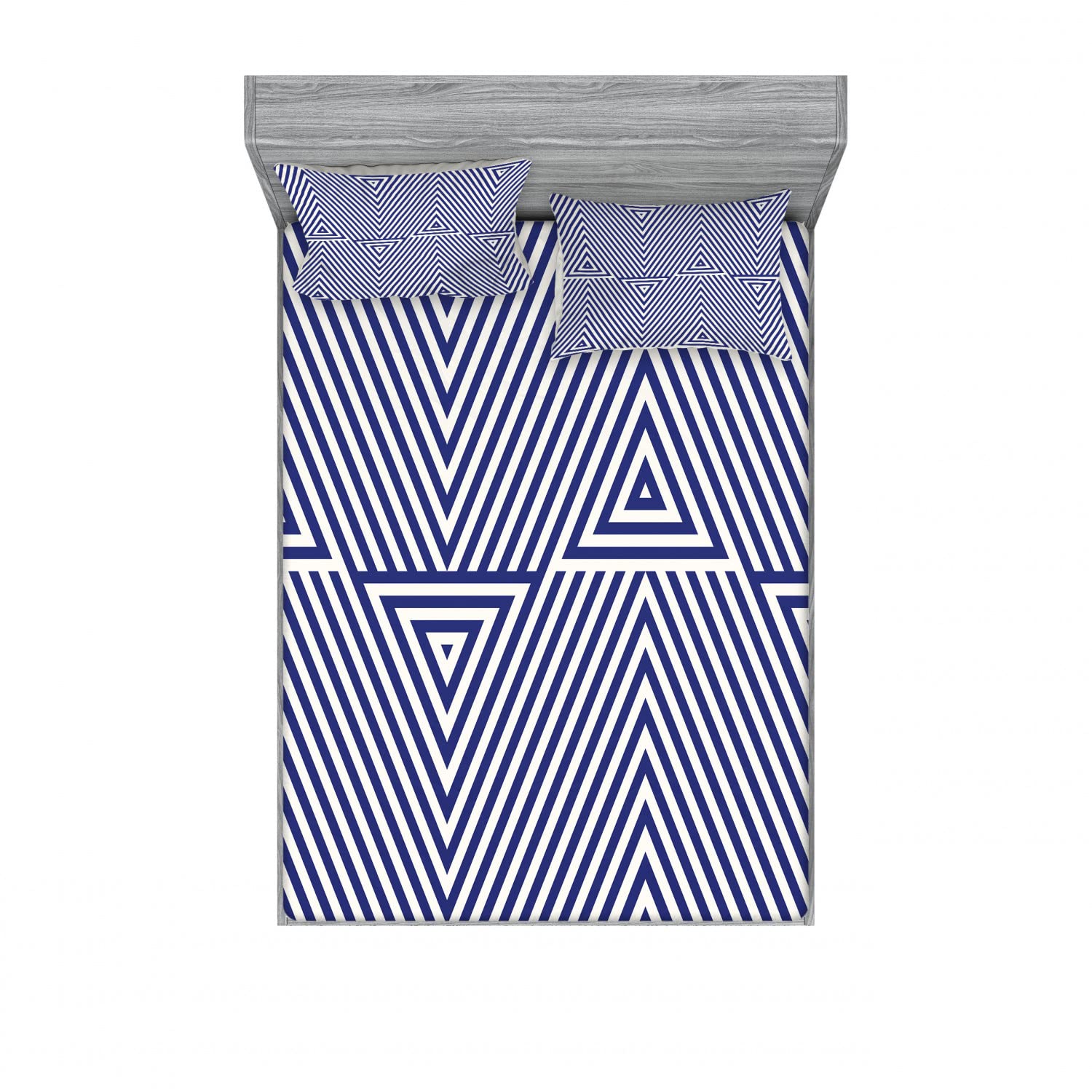 Ambesonne 2-Pack Queen Size Fitted Sheet Set with 4 Pillow Shams - Modern Geometric Triangle Pattern Bedding in Dark Blue & White - Complete Bedroom Decor for Guest Rooms, Dorms & Master Suites