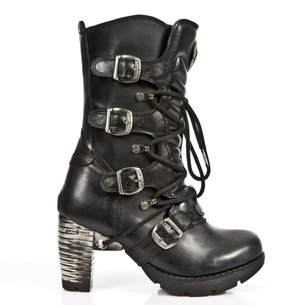 New Rock Boots TR003-S1 - Women's Metallic Black Leather Biker Boots with Heel - Gothic Punk Ankle Boots for Motorcycle Riding, Concerts & Alternative Fashion