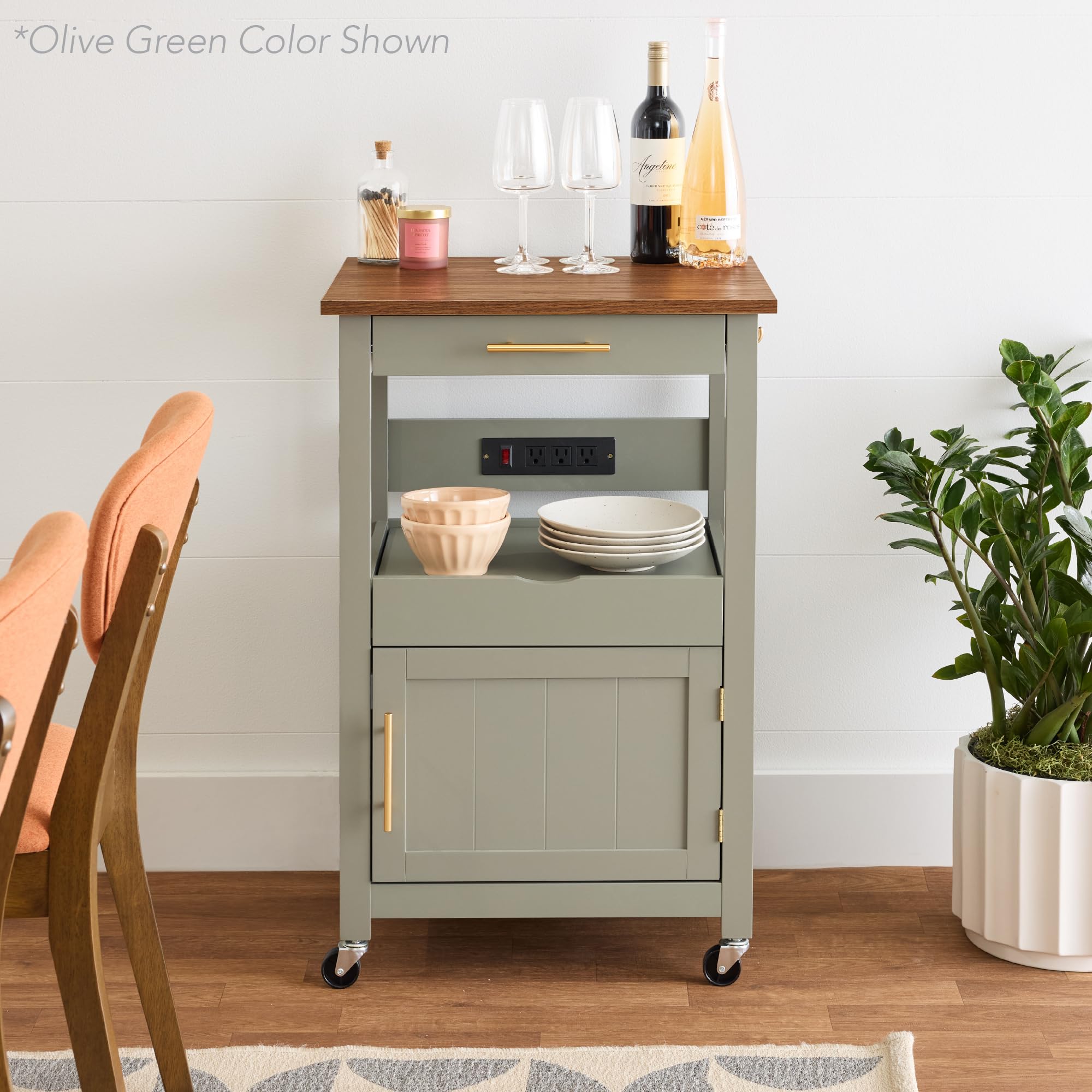 Best Choice Products Rolling Kitchen Island Cart with Single Door Cabinet, Drawer, Sliding Tray, Hidden Outlet & Lockable Wheels - White | Mobile Kitchen Storage for Small Spaces, Apartment Cooking & Entertaining