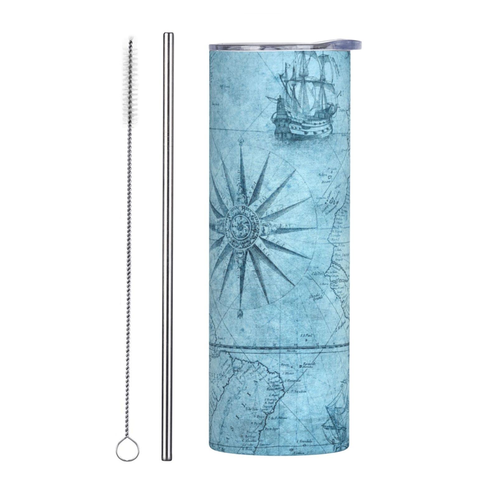 Vintage Nautical Map Compass Stainless Steel Tumbler - 20 oz Insulated Double Wall Travel Coffee Mug with Splash Proof Lid, Straw & Cleaning Brush - Perfect for Home, Office & Outdoor Adventures