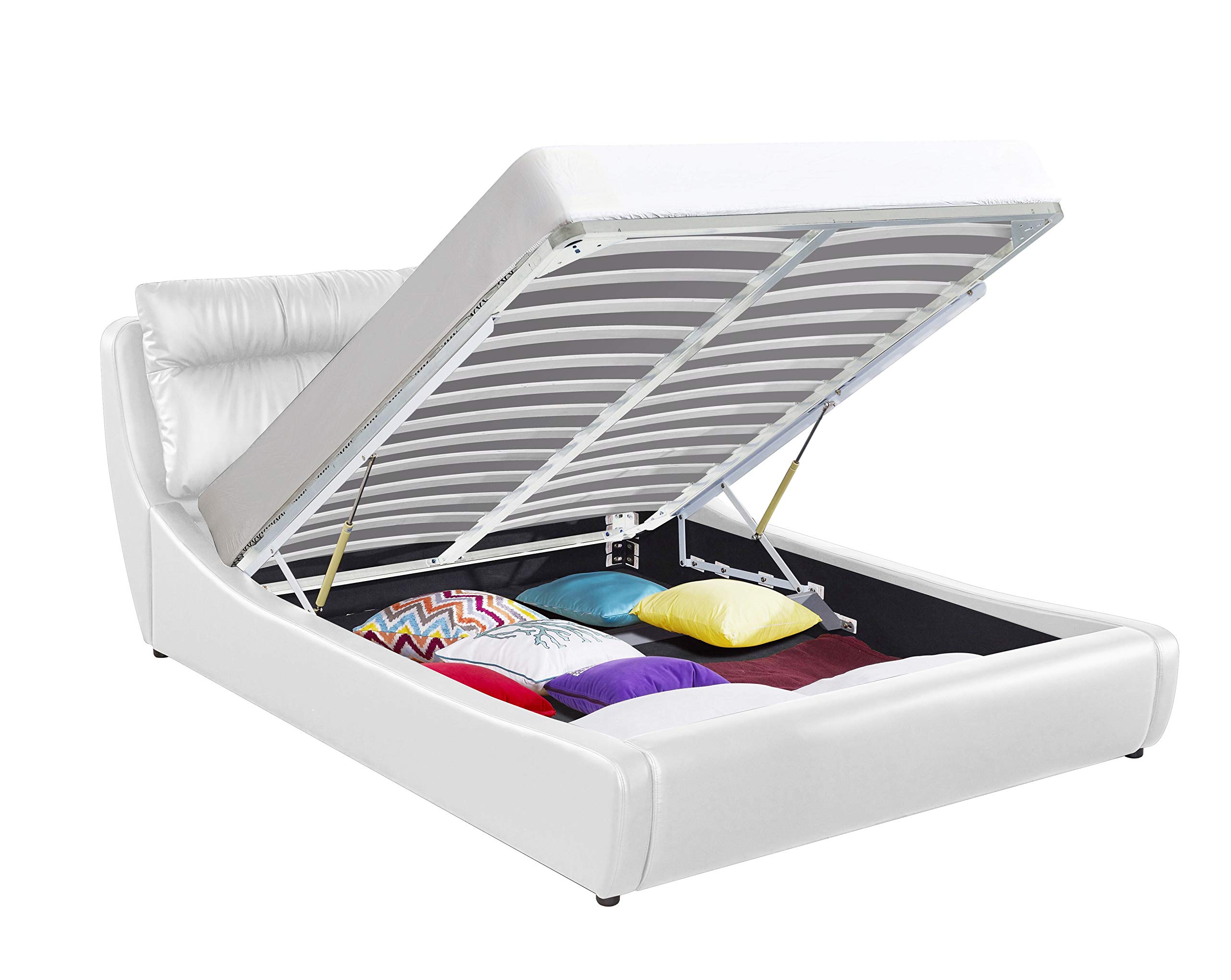 Contemporary White Queen Size Upholstered Storage Bed with Soft Cushioned Headboard - Easy Assembly Platform Bed Frame for Modern Bedrooms | Perfect for Small Space Organization & Cozy Night Sleep