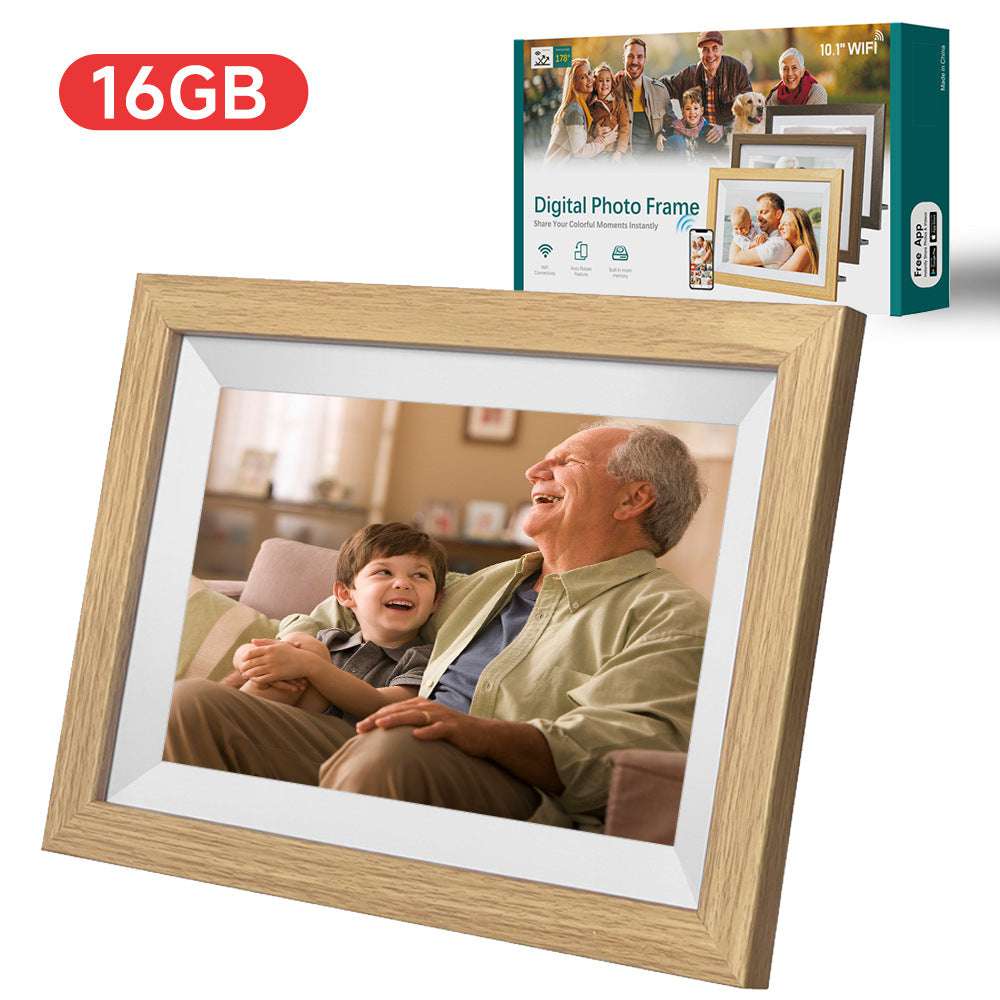 10.1 Inch WiFi Digital Photo Frame with Wooden Frame - 16GB Storage, IPS Touchscreen, App Remote Sharing - Perfect for Home, Office & Gift Giving