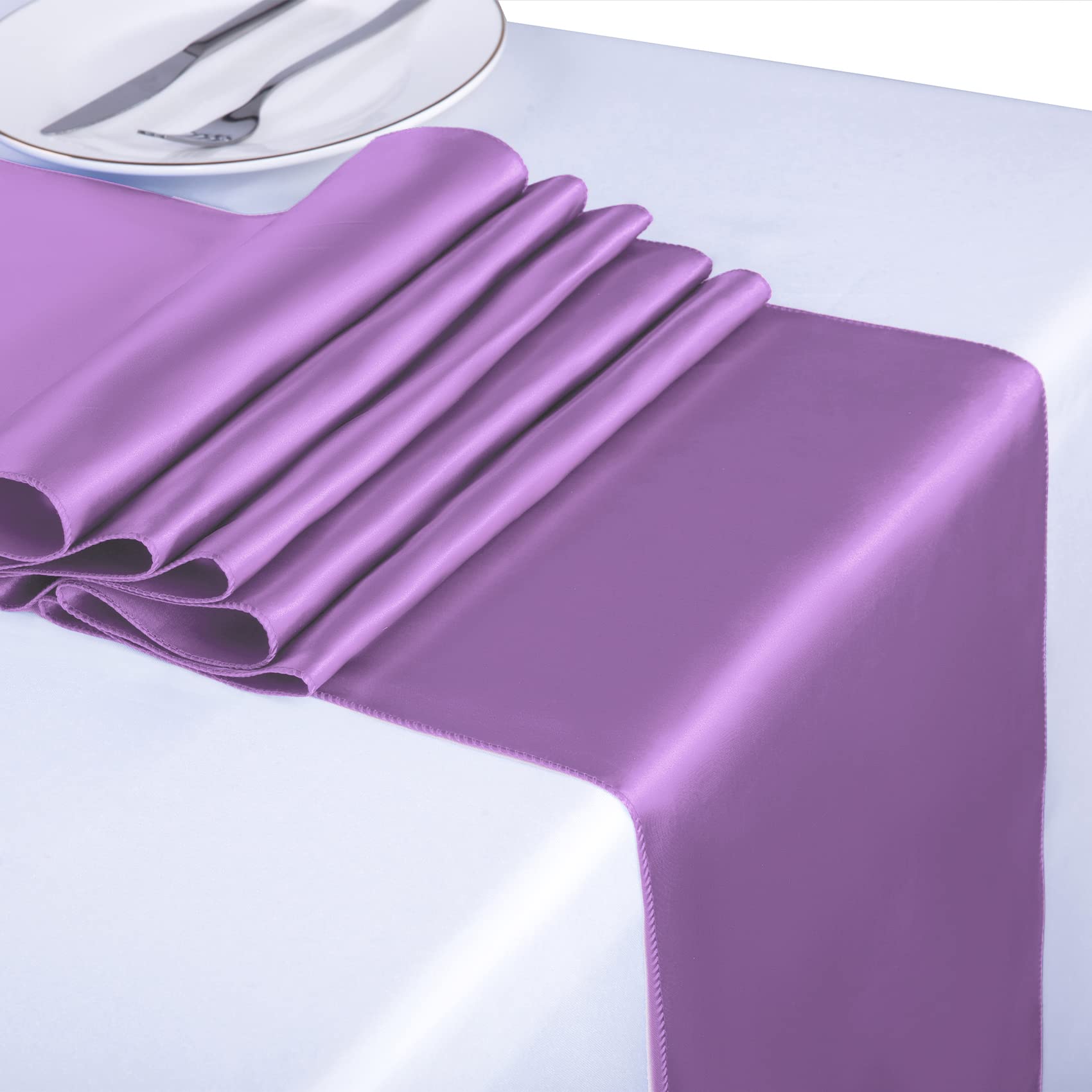 6 Pack Satin Table Runners 12x108 Inches - Elegant Lavender Table Decor for Weddings, Parties, Banquets & Special Events - Fits Rectangle & Round Tables with Matching Chair Sashes - Perfect for Dining Room, Reception Hall & Home Decor