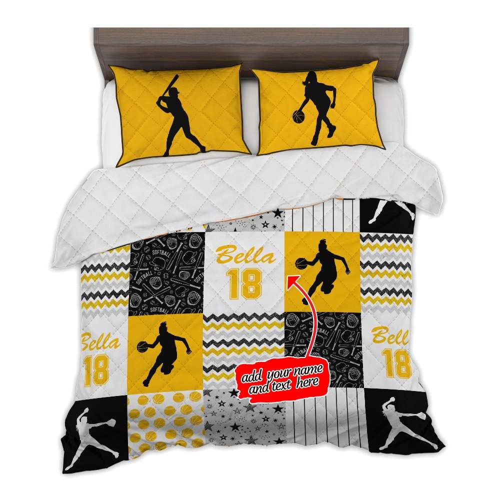 Custom Softball & Basketball Pattern Quilt Set - Full Size Bedding for Kids & Teens - Funny Sports Themed Comforter - Yellow King Size (91