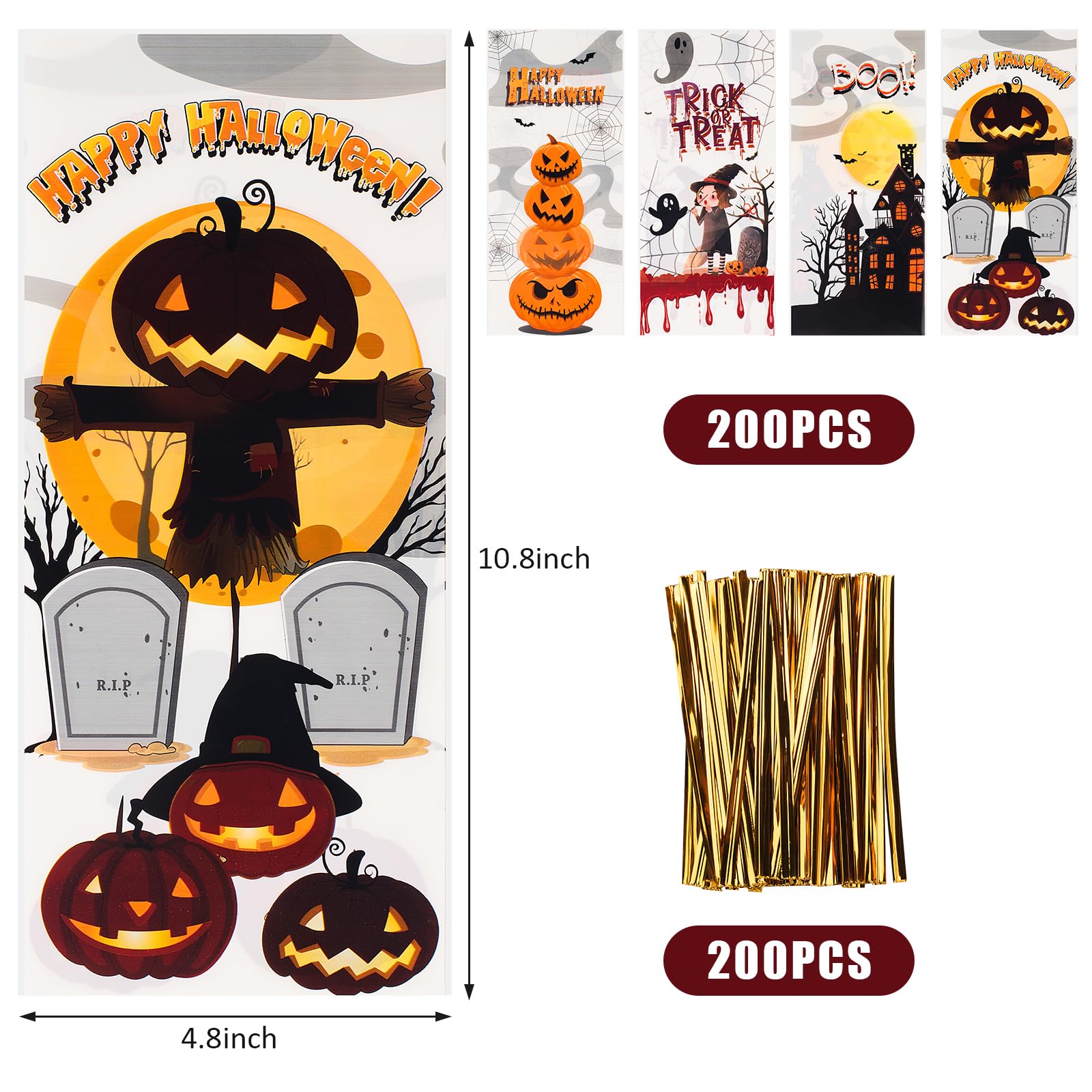 200 PCS Halloween Cellophane Treat Bags with Twist Ties - Orange & Black Candy Bags for Trick or Treat, Party Favors, Classroom Treats & Halloween Gift Exchange - Bulk Halloween Party Supplies for Kids & Adults