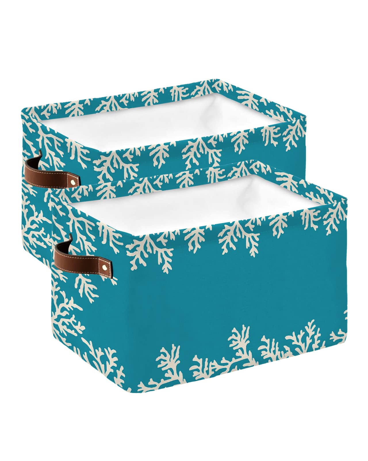 Coastal Themed Coral Teal Fabric Storage Baskets - 2 Pack, 15