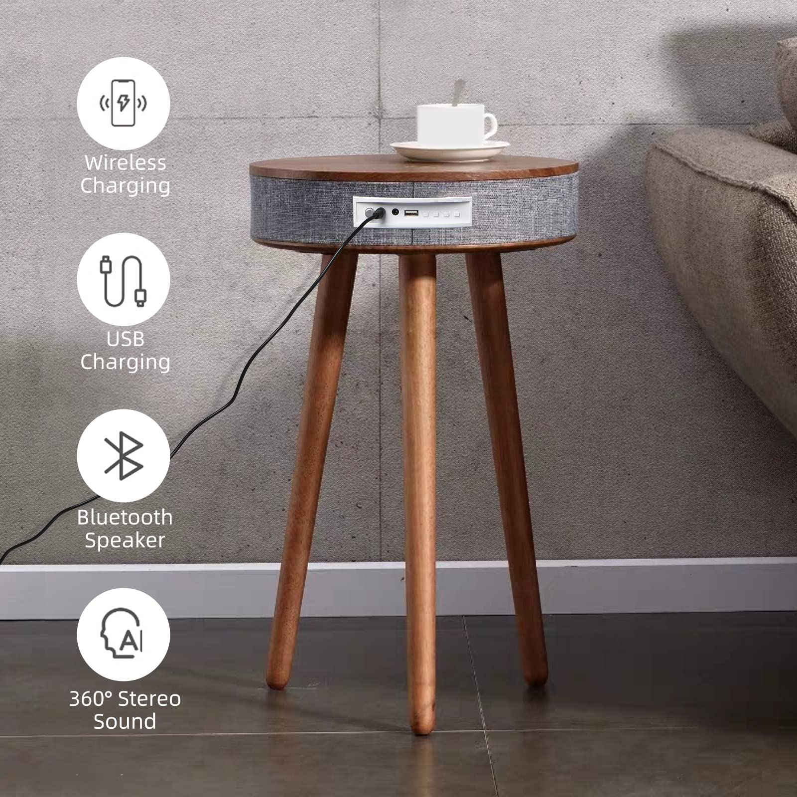 TooCust Smart End Table with Bluetooth Speaker & Wireless Charger - Round Side Table with USB Charging Ports for Bedroom, Living Room, Office - Perfect for Home Entertainment & Workspace Charging Station