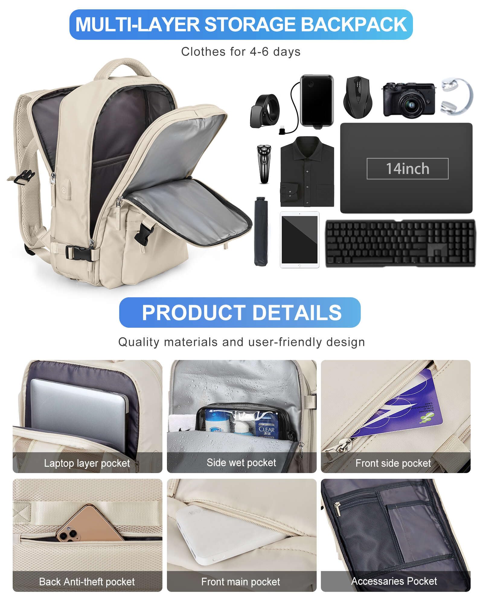 VGCUB 17 Inch Large Travel Backpack for Women & Men - Flight Approved Business Laptop Backpack with Dedicated Laptop Compartment - Perfect for Work Commute, Business Trips & Airplane Carry-On (Beige)