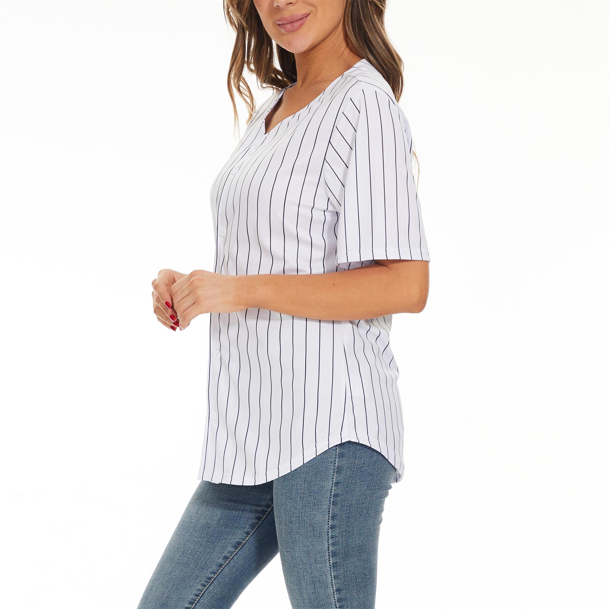 Women's Baseball Jerseys - Blank Button Down V-Neck Softball Team Uniform with Wide Stripes | Fashionable Short Sleeve Top for Casual Wear, Sports Games & Team Events