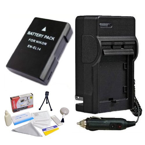 EN-EL14 1800mAh Rechargeable Battery and Charger Kit for Nikon D5300 D5200 D3100 D5100 D3200 D3300 DF Coolpix P7000 P7100 P7700 P7800 DSLR Cameras - Includes EN-EL14 Replacement Battery, Rapid AC/DC Charger, Opteka Cleaning Kit & Mini Tripod - Perfect for Travel, Photography, and Professional Shoots