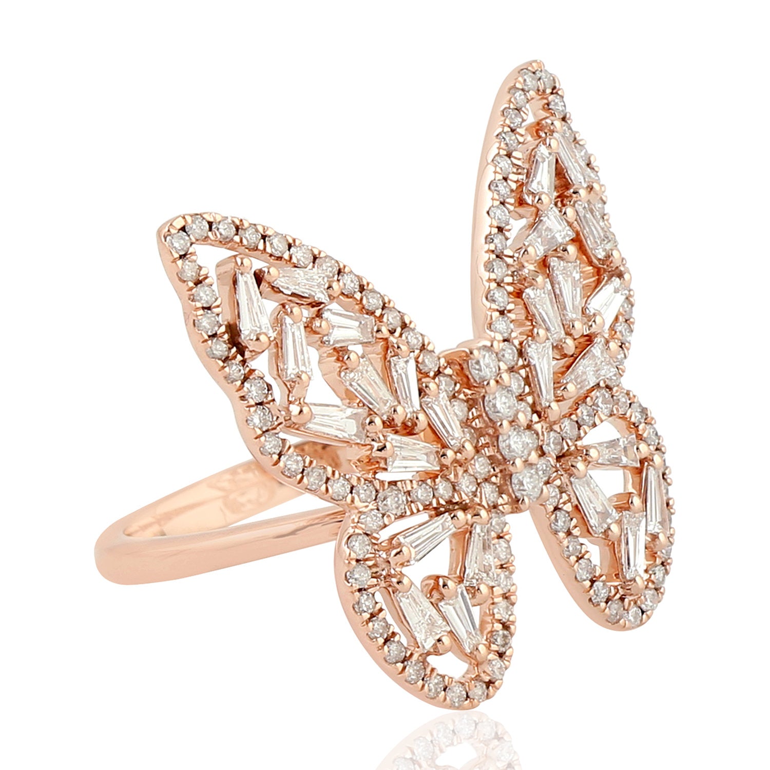 18K Rose Gold Baguette Cut Diamond Butterfly Ring - Handmade Jewelry for Women, Perfect for Weddings, Anniversaries & Special Occasions