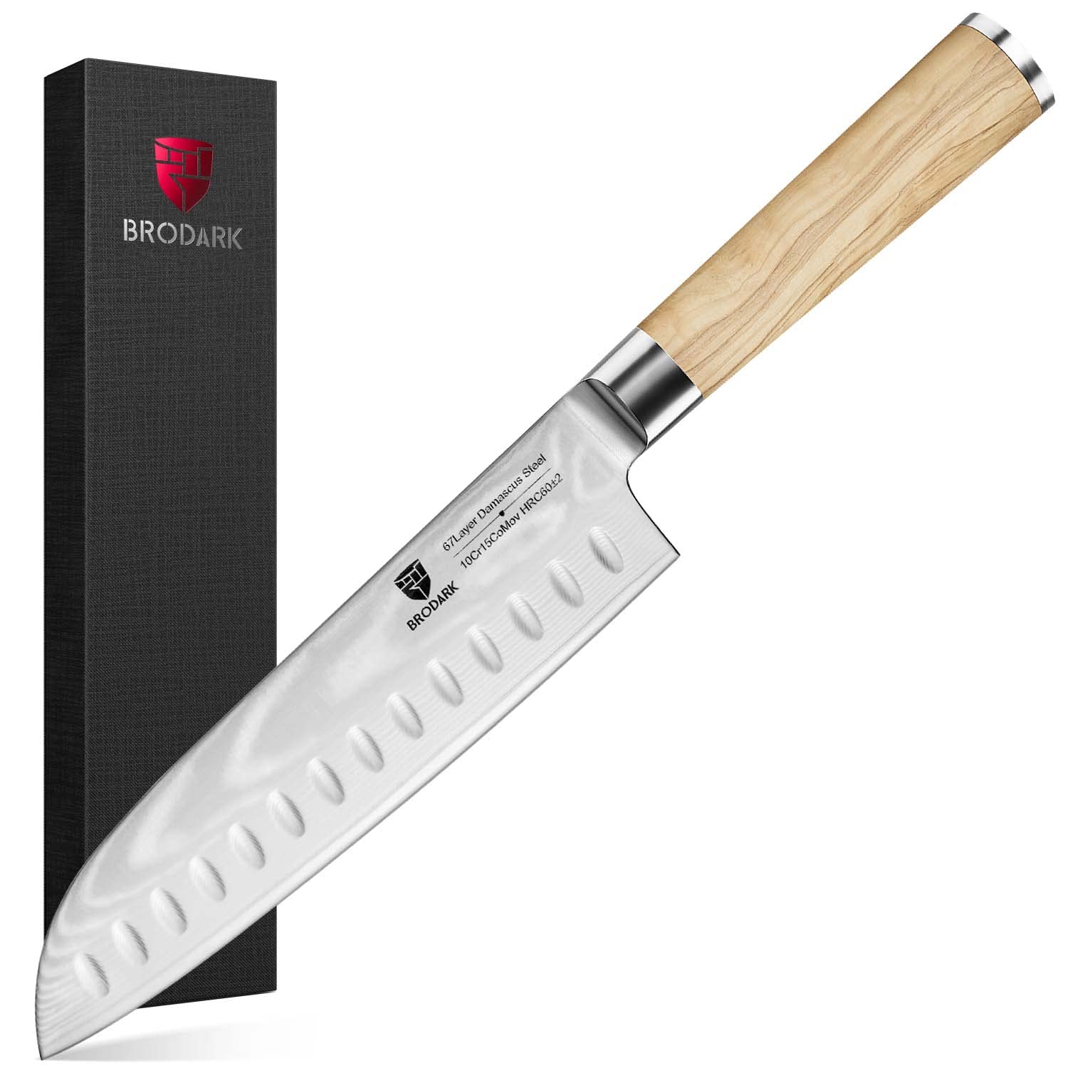 BRODARK Damascus Chef Knife Set - 8 Inch Professional Chef Knife & 7 Inch Santoku Knife with VG-10 Steel Core, Premium Olive Wood Handle & Gift Box - Perfect for Home Cooking, Professional Kitchens & Gifts for Chefs