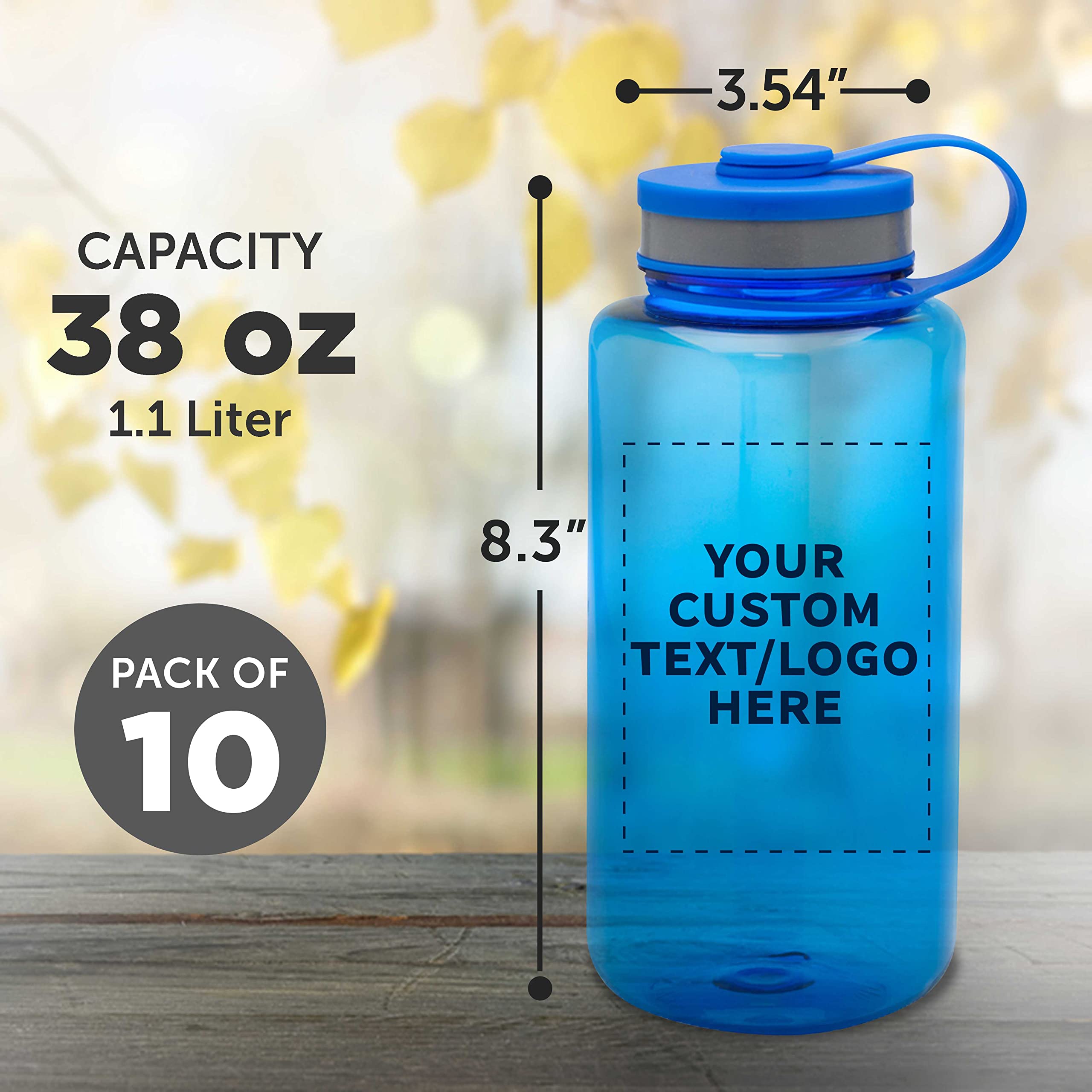 Custom 38 oz Plastic Sports Water Bottles with Flip Lid - Bulk Pack of 10, Personalized & Reusable - Perfect for Gym, Hiking, Cycling, Camping, Backpacking & School - Durable BPA-Free Bottles for Sports & Outdoor Activities - Blue