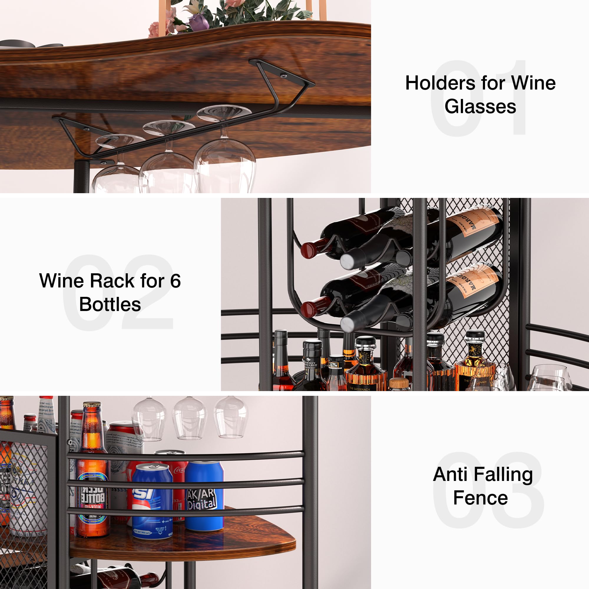 Modern Industrial Bar Cabinet with Storage Shelves - Freestanding Wood Liquor Cabinet for Home, Kitchen, Living & Dining Room - Perfect for Entertaining, Small Space Storage & Home Bar Setup (Brown)