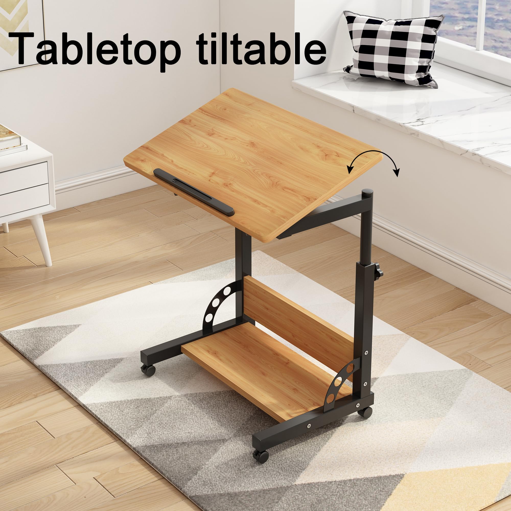 Tiltable Rolling Laptop Stand - Adjustable Height Mobile Standing Desk with Wheels - Portable Side Table for Home Office, Bedroom & Dorm - Perfect for Work, Study & Gaming