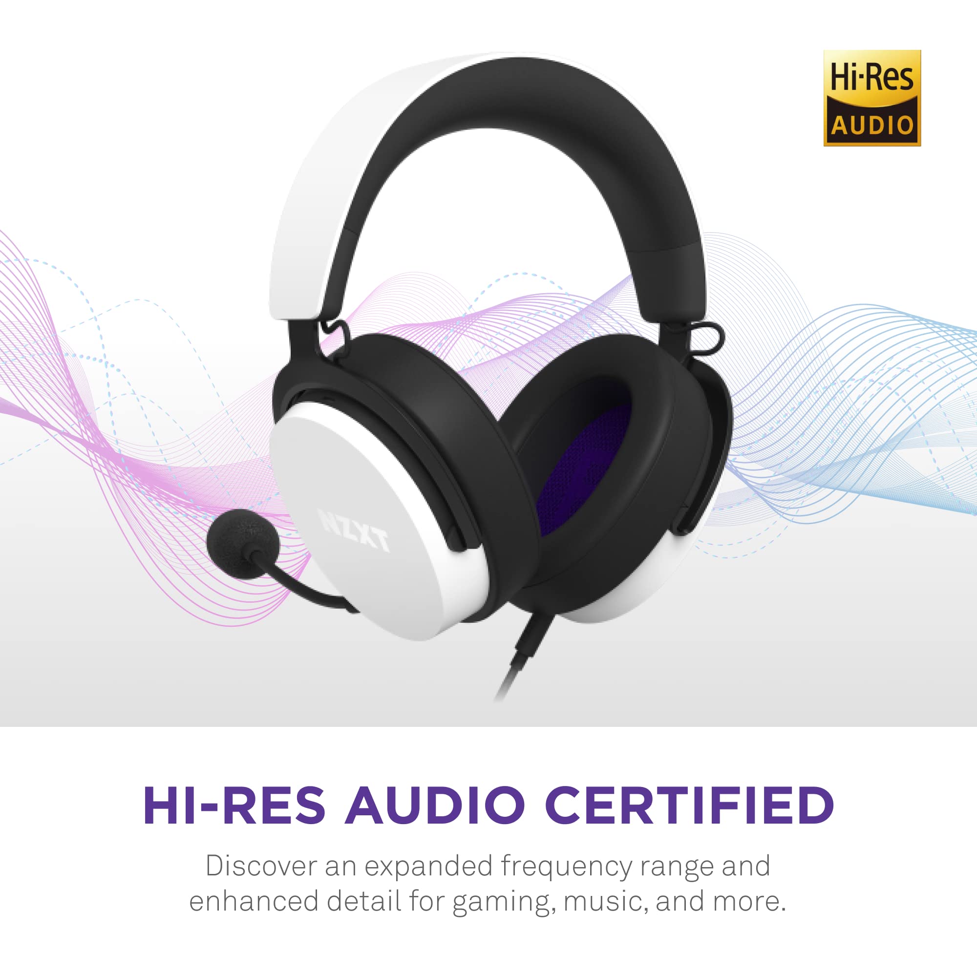 NZXT Relay Wired PC Gaming Headset with Hi-Res Audio & DTS:X 7.1 Surround Sound - Lightweight Comfort Design, Detachable Mic - White (AP-WCB40-W2) - Perfect for Competitive Gaming, Streaming & Long Gaming Sessions