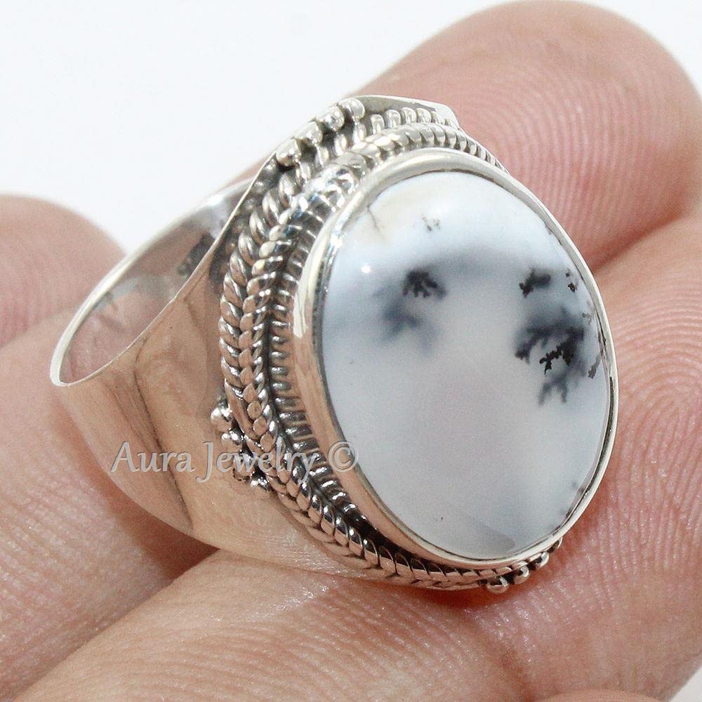 925 Sterling Silver Dendritic Opal Ring for Women - Elegant Halo Jewelry Gift for Mother's Day & Bridesmaids