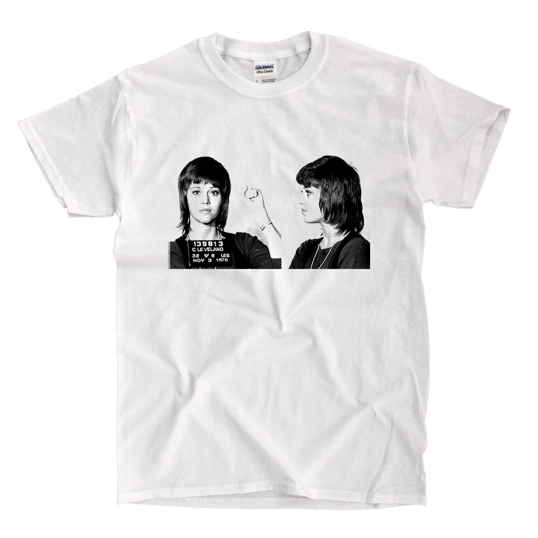 Jane Fonda Mug Shot White T-Shirt - Vintage Inspired Protest Tee for Men & Women - Perfect for Political Statements & Retro Fashion