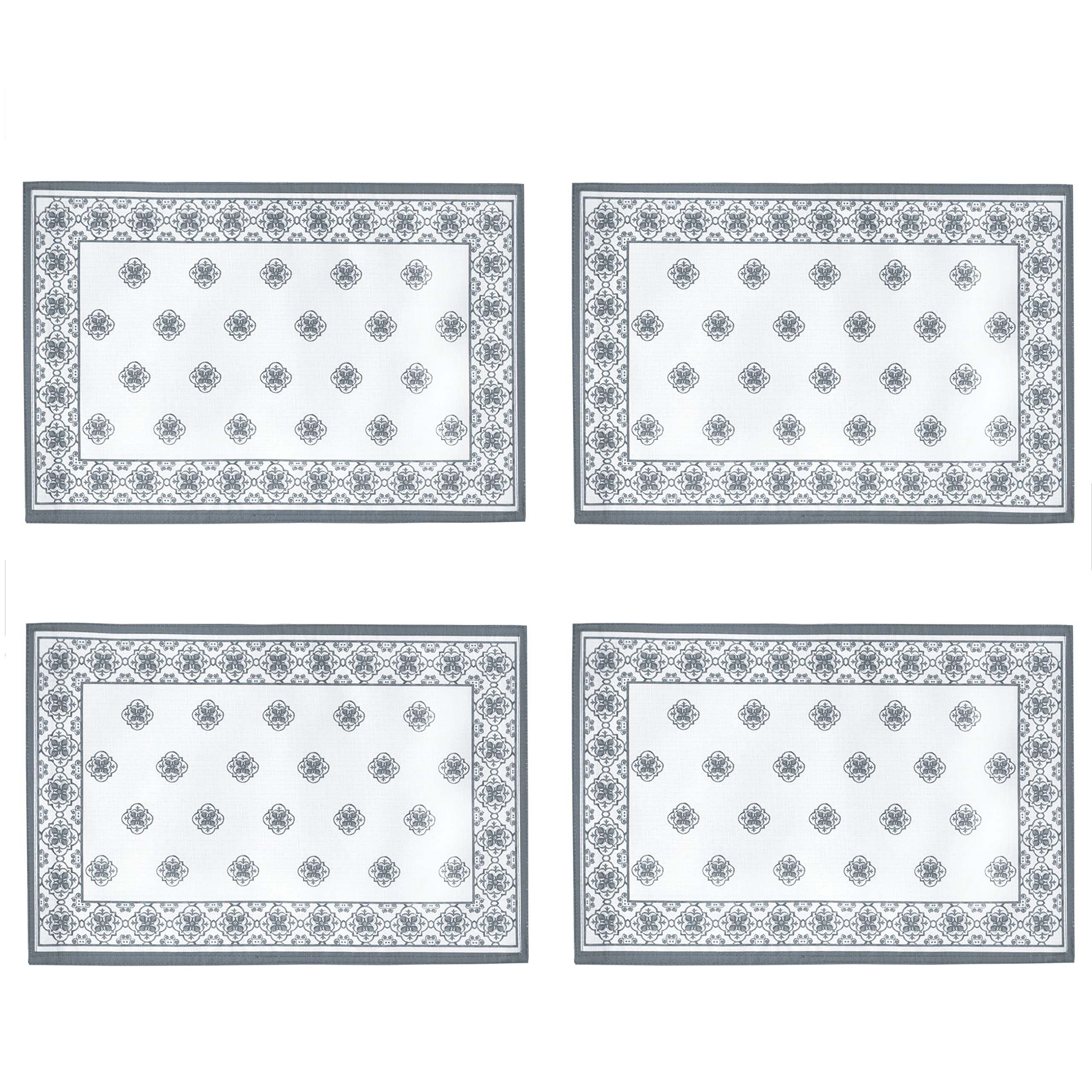 Premium Newbridge Rectangle Fabric Placemats Set of 4 - Mykonos Grey Mediterranean Style, Stain Resistant & Wrinkle-Free for Indoor & Outdoor Use - Perfect for Dining Table, Patio, and Entertaining