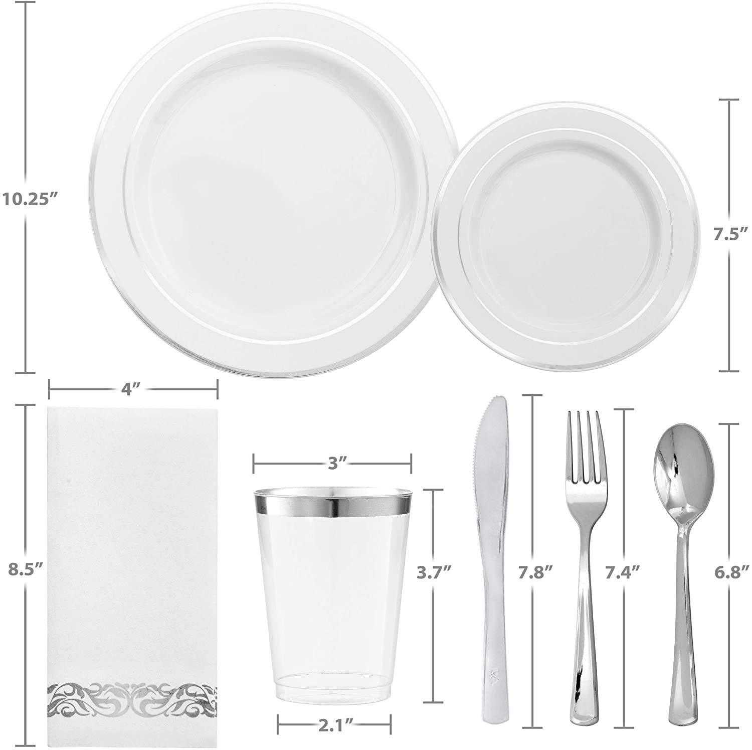 Premium 400-Piece Silver Plastic Dinnerware Set - Elegant Disposable Plates, Cutlery & Cups for Weddings, Parties, Birthdays & Holiday Events - Durable & Stylish Tableware for Any Celebration