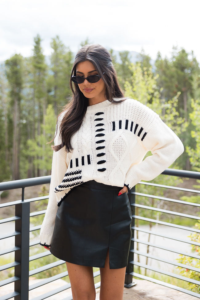 Ivory and Black Contrast Stitch Detail Sweater for Women - Cozy Knit Pullover with Unique Hand Stitching - Perfect for Fall Layering, Casual Outfits & Holiday Gatherings