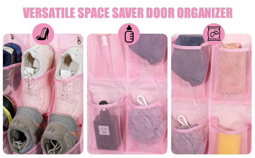 Over the Door Shoe Organizer with 28 Mesh Pockets - Pink Hanging Shoe Rack for Closet, Entryway, Bedroom & Bathroom - Perfect for Organizing Women's High Heels, Sneakers & Flats - Space Saving Shoe Storage Solution for Small Homes & Apartments