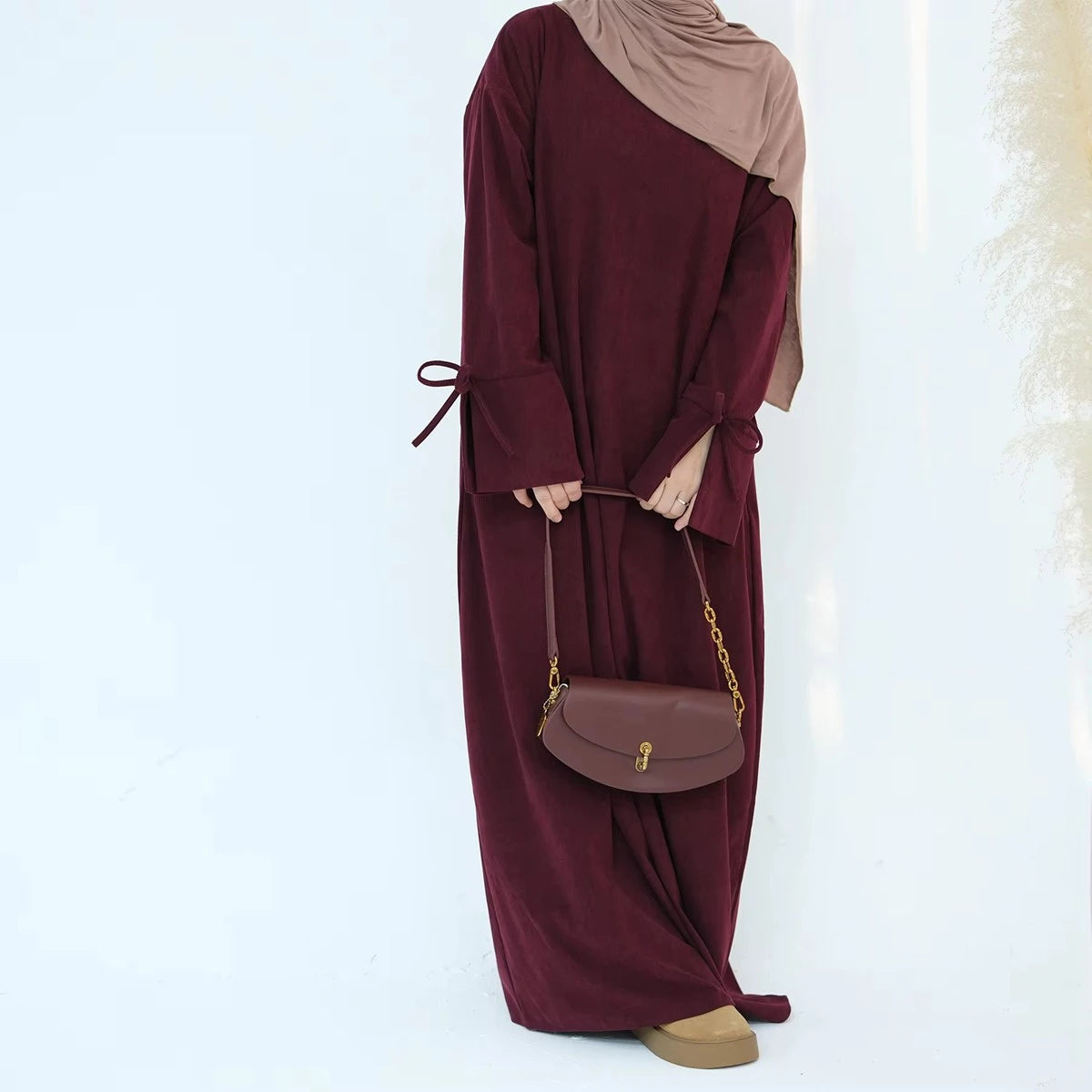Elegant Bowknot Cuff Corduroy Abaya Dress for Women - Winter & Fall Long Sleeve Maxi Dress with Pockets (#24925) | Perfect for Holiday Parties, Mosque Prayer & Casual Outings