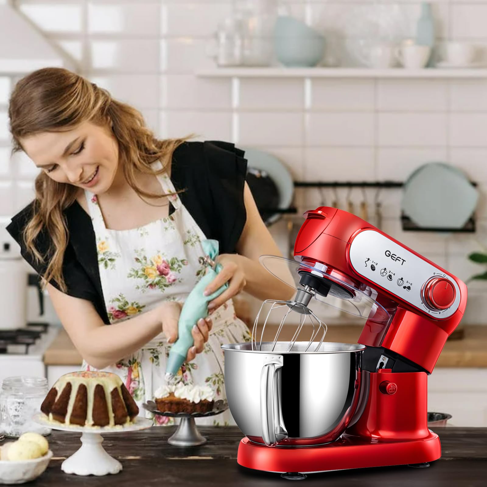 6 QT 600W Tilt-Head Stand Mixer - Powerful Electric Kitchen Mixer with Stainless Steel Bowl, Dishwasher-Safe Dough Hook, Flat Beater & Wire Whisk - Perfect for Baking Bread, Cakes, Cookies & More (Red)