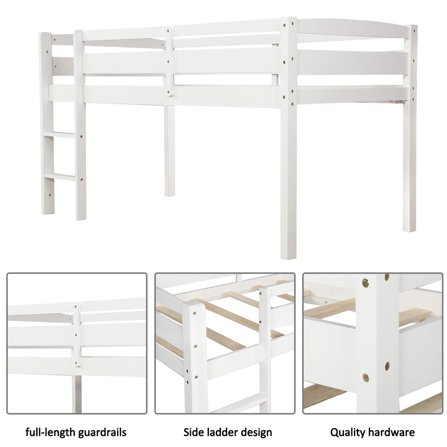 P PURLOVE Twin Loft Bed with Ladder - Sturdy Wood Low Loft Bed Frame for Kids & Teens - No Box Spring Needed - White - Perfect for Small Bedrooms, Dorm Rooms & Space-Saving Kids' Rooms
