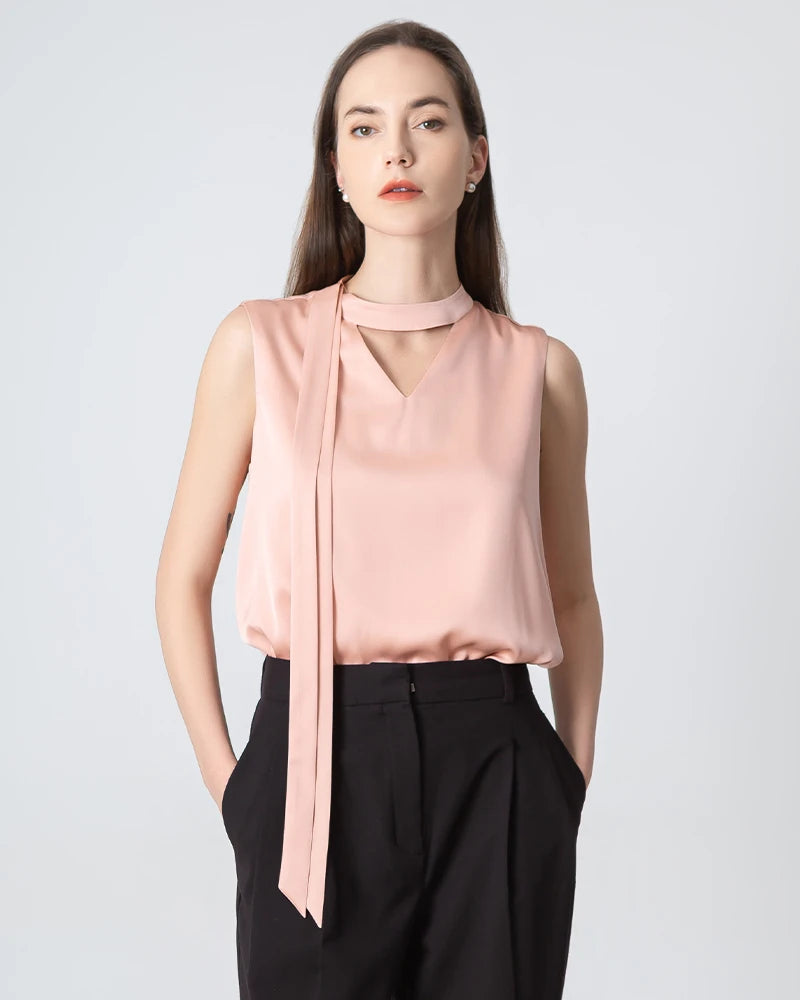 Elegant V-Neck Tie Front Sleeveless Silk Blouse for Women - Perfect for Office Wear, Date Night & Special Occasions