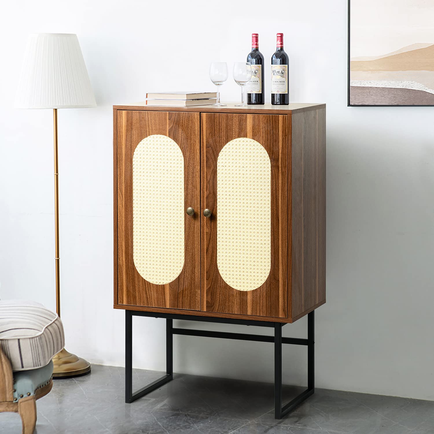 Handmade Natural Rattan Storage Cabinet with 2 Doors - Solid Wood Console Table, Sideboard Buffet Cabinet for Living Room, Dining Room, Entryway & Kitchen - Perfect for Home Organization & Stylish Storage (Walnut Finish)