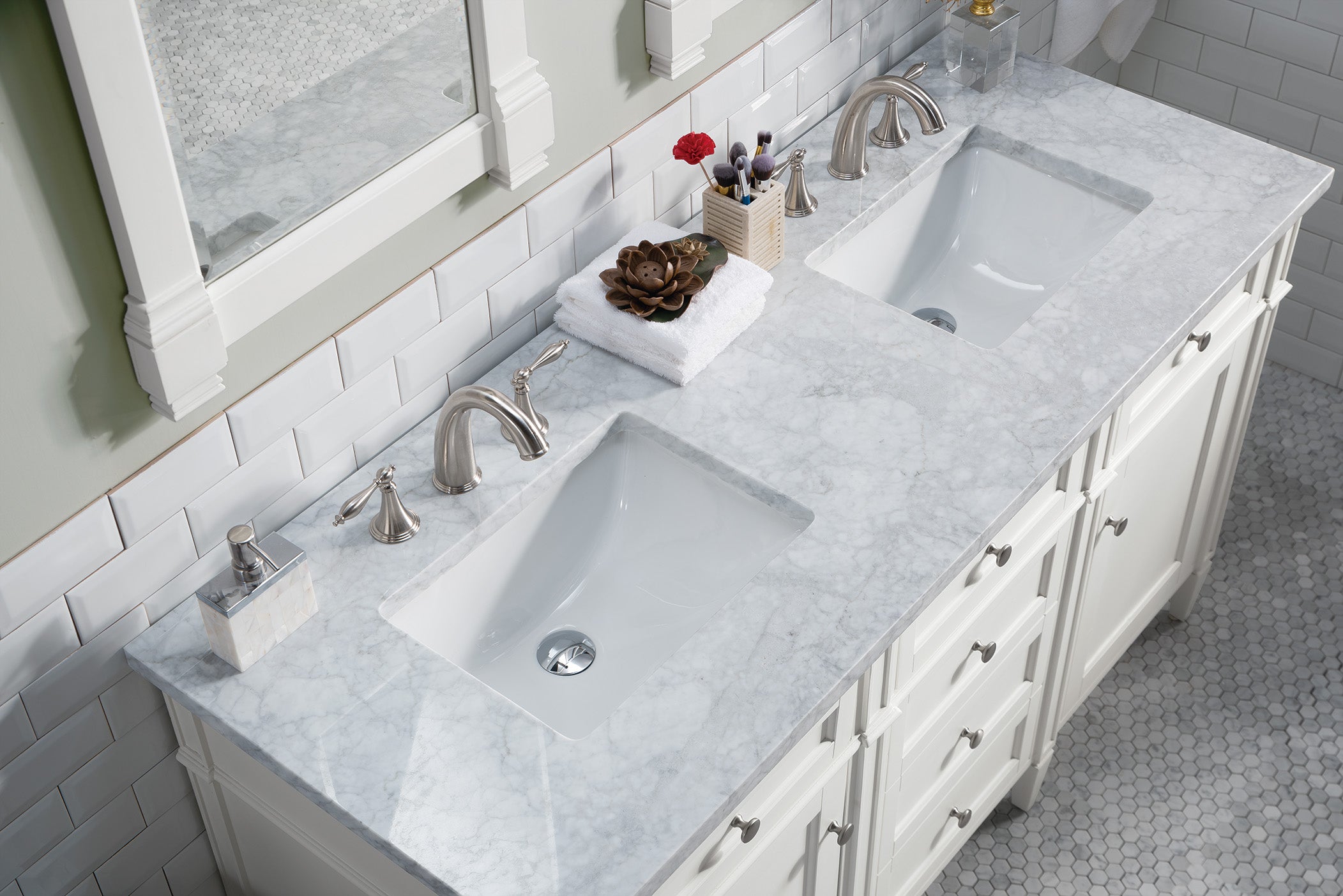 Brittany 60 Inch Bright White Double Vanity with 3CM Carrara Marble Top - Modern Bathroom Vanity with Marble Countertop for Master Bath & Guest Bath Remodel