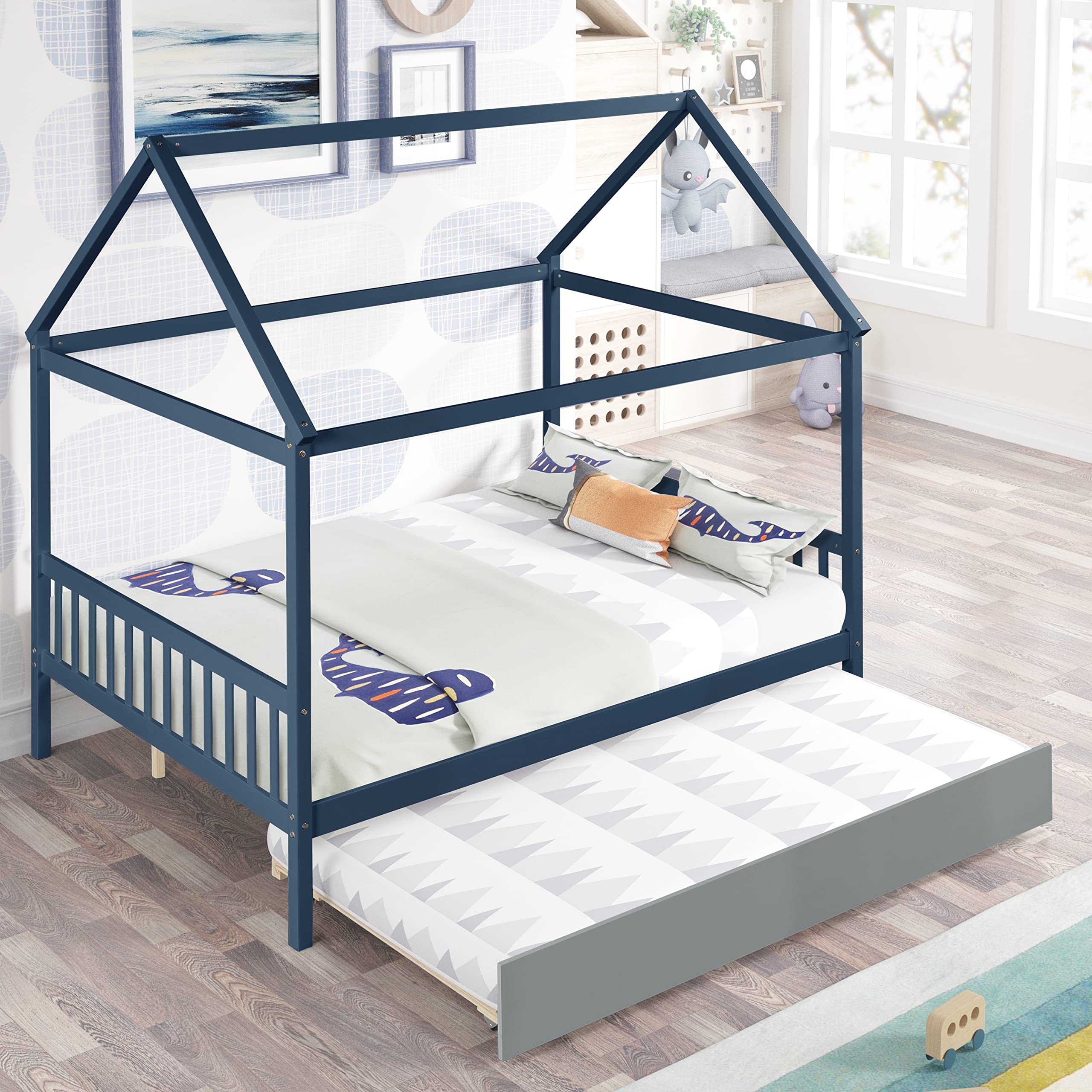 Full Size House Bed with Twin Trundle - Wooden Platform Bed Frame for Kids, Girls & Boys - Blue - Perfect for Bedrooms, Playrooms & Sleepovers