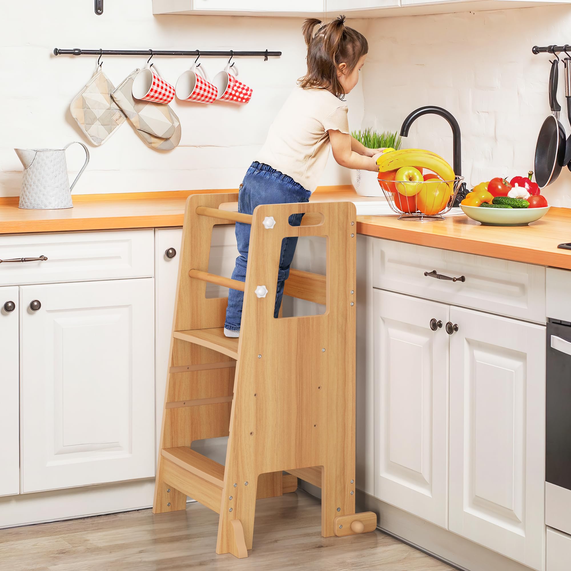 Adjustable Height Toddler Kitchen Step Stool with Safety Rails - Dark Natural Wooden Standing Tower for Kids, Perfect for Kitchen Counter, Bathroom Sink, Bedroom Dressing & Playroom Activities