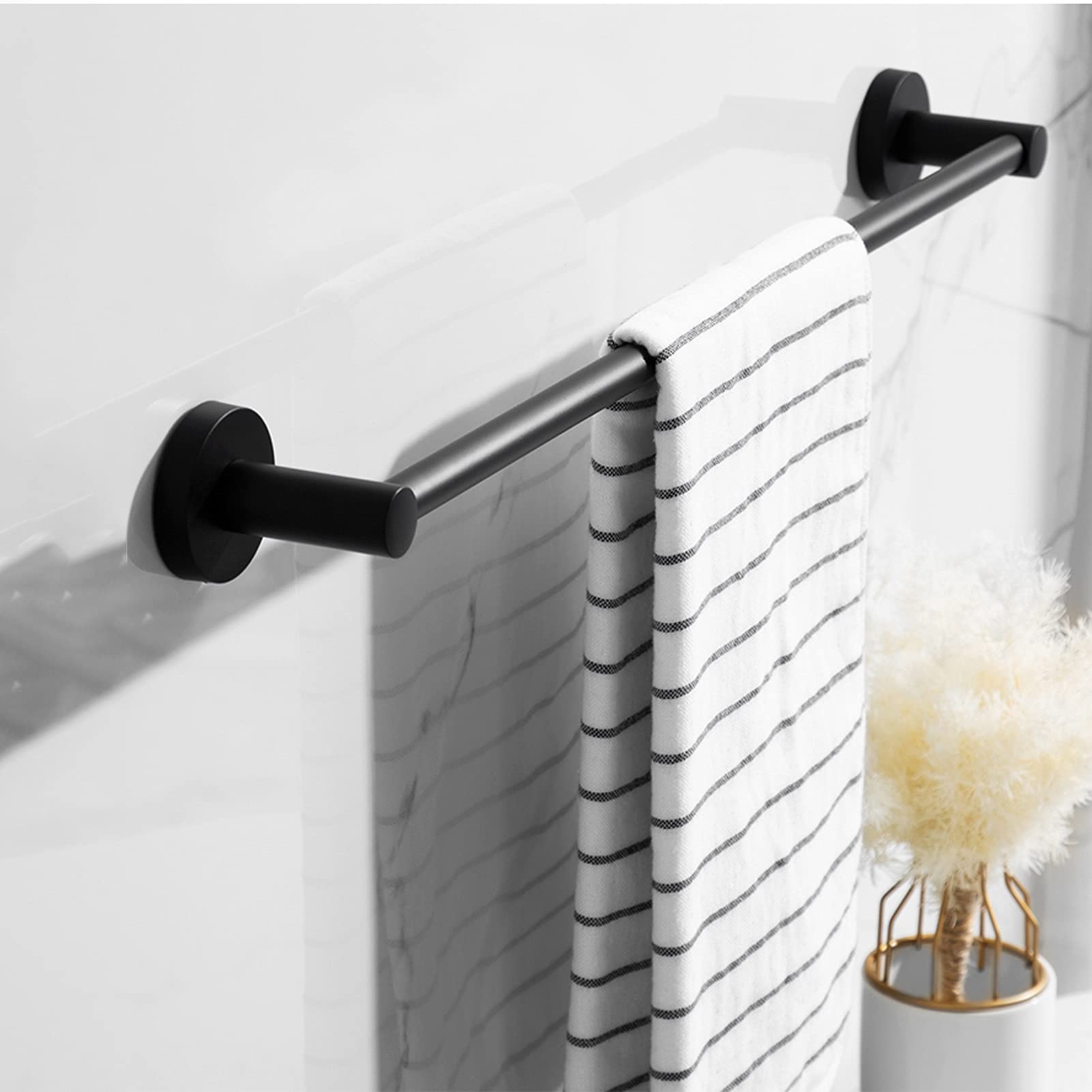 Stainless Steel Wall Mounted Towel Bar Rail - Single Round Towel Rack Holder for Bathroom & Kitchen (30CM, Black) - Perfect for Small Spaces, Apartments & Modern Home Decor