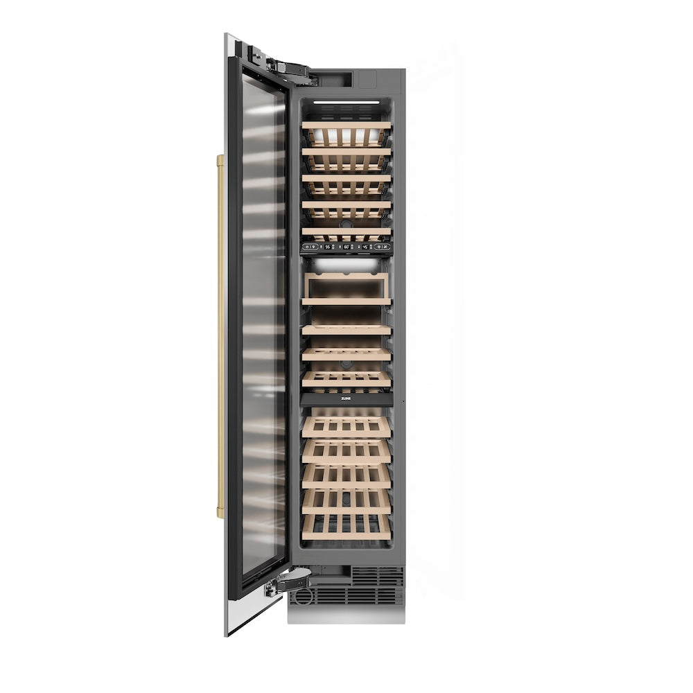 ZLINE Autograph Edition 18 Inch 9.0 cu ft Triple Zone 68 Bottle Left Hinge Stainless Steel Wine Cooler with Champagne Bronze Accents - Perfect for Home Bars, Wine Cellars & Entertaining (RCWVLZ 30418 CB)