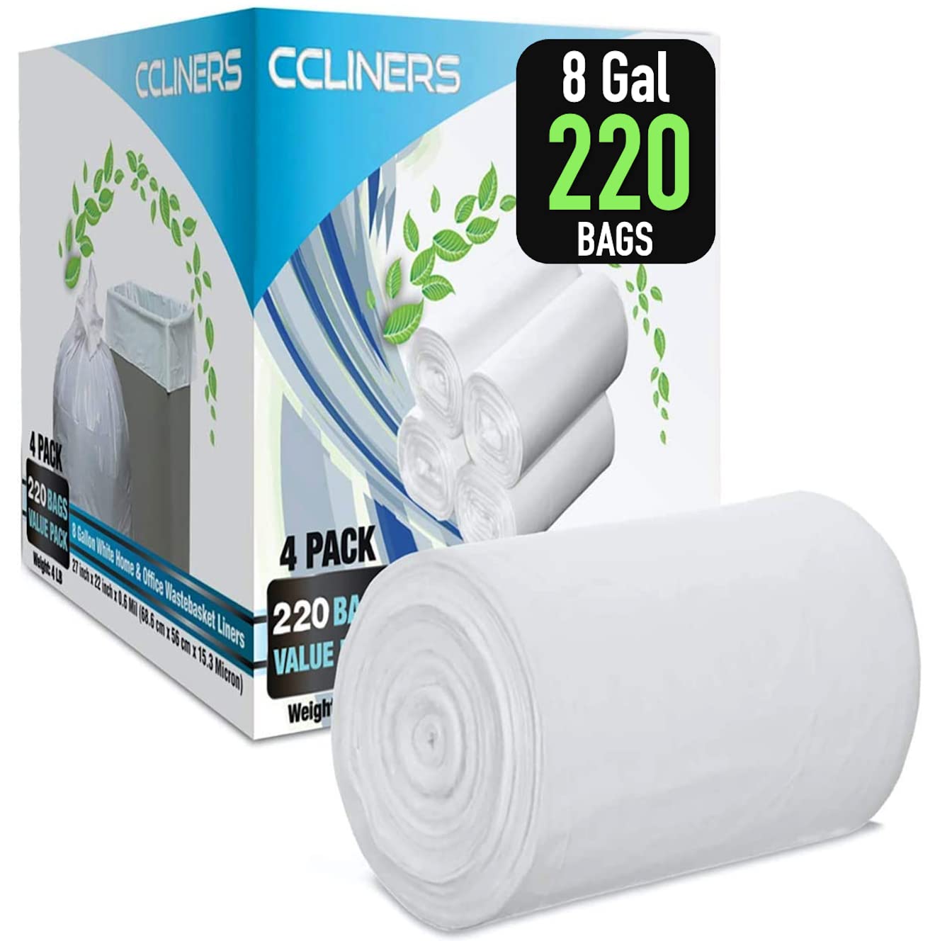 8 Gallon Medium Trash Bags - White Kitchen Garbage Bags, Plastic Wastebasket Liners for Home & Office Bins (220 Count) - Perfect for Kitchen, Bathroom, Office & Outdoor Waste Disposal