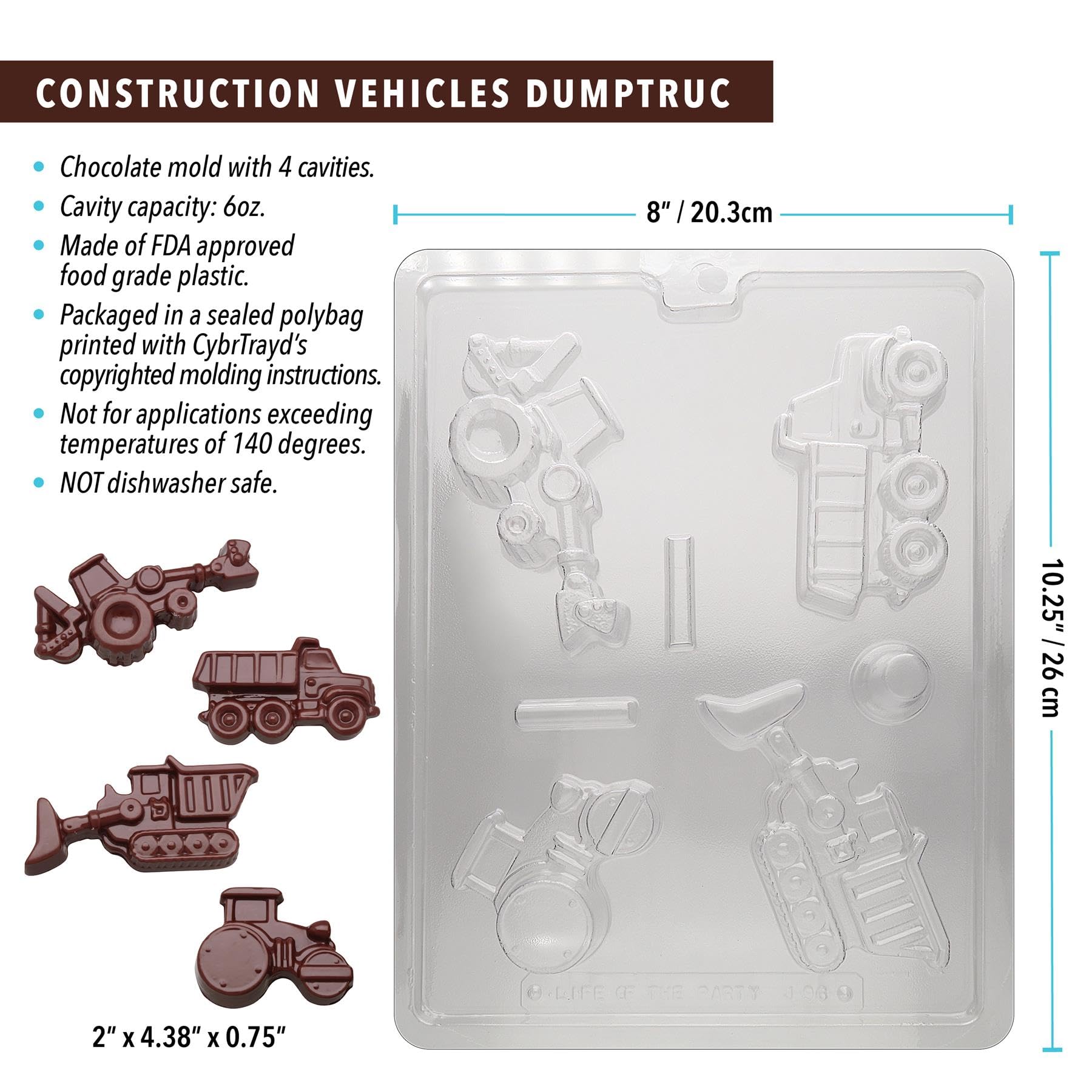 CybrTrayd Construction Vehicles Chocolate Candy Mold - Professional Baking Tool with Step-by-Step Chocolate Molding Guide | Perfect for Birthday Parties, Baby Showers & DIY Chocolate Making