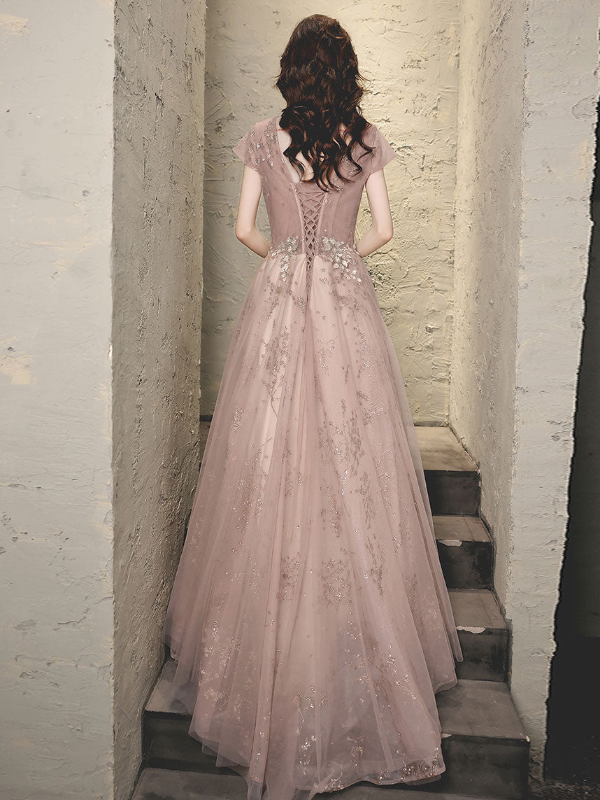 Elegant Pink Tulle Lace Long Prom Dress for Women - Formal Evening Gown for Homecoming, Quinceañera, and Special Occasions