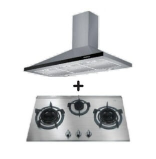 Ellane EH 6180 90cm Stainless Steel Range Hood with Ellane EB 338SV 76cm 3-Burner Gas Cooktop - Professional Kitchen Ventilation & Cooking Solution for Home Chefs